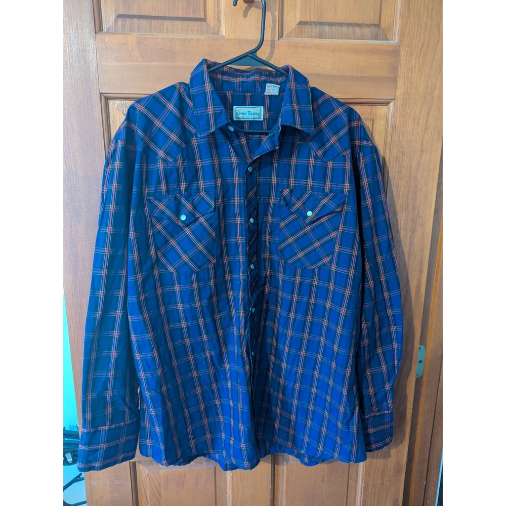 Vtg‎ Open Trails Mens XL Plaid Western Pearl Snap Long Sleeve Shirt Blue Red